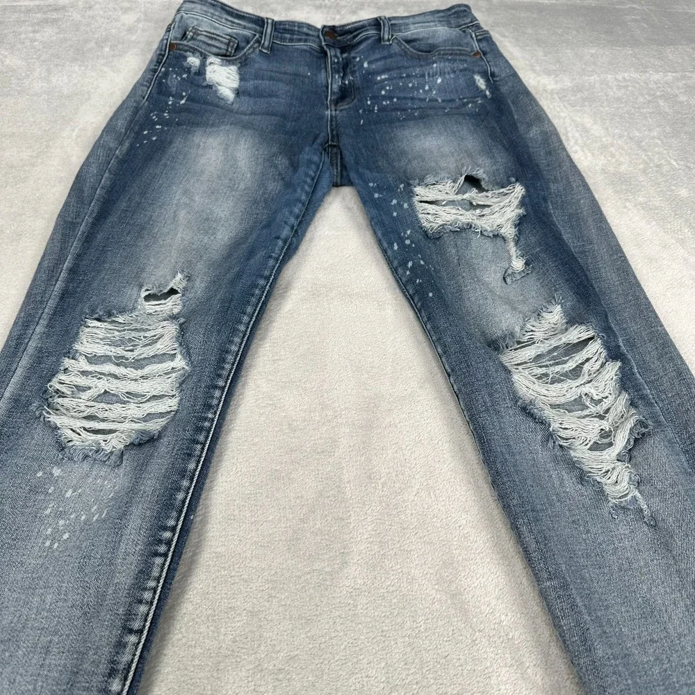 Judy Blue Boyfriend Fit Jeans‎ Mid Rise Distressed Denim Medium Wash Size 11/30